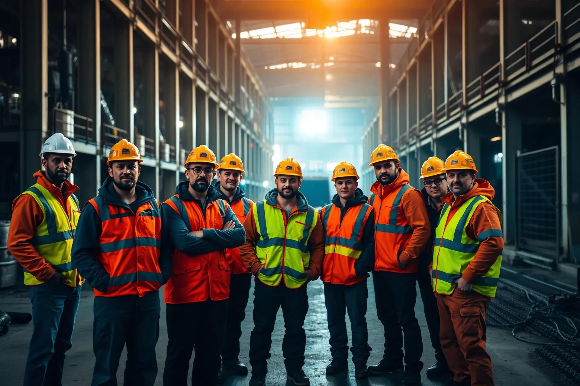 Team of workers in Lefan-made hi-vis workwear and safety helmets